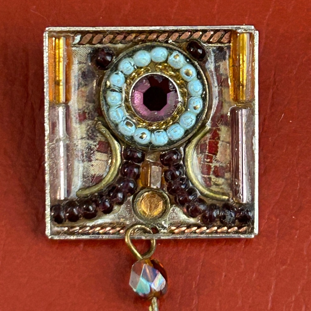 Adaya square brooch with silver plate, rhinestones, and turquoise beads. Signed.